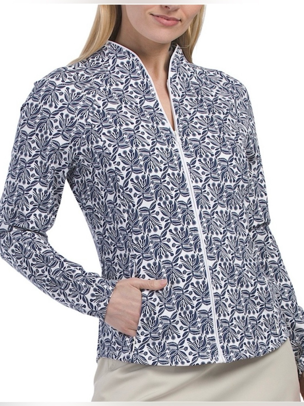 NWT Sigrid Olsen Golf and Tennis Full Zip Botanical Navy and White Jacket Sz XL
